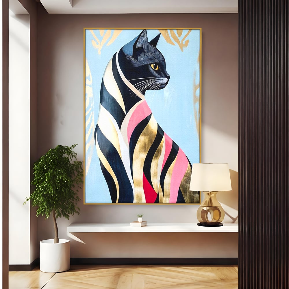 Tablou canvas cu tablou canvas cu pisica neagra stilizata, in rama de aluminiu auriu